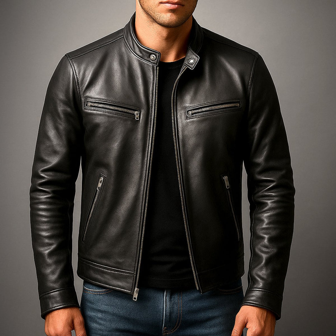 Men's Vintage Biker Leather Zip-Up Moto Jacket