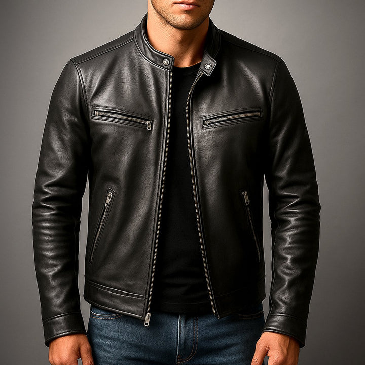 Men's Vintage Biker Leather Zip-Up Moto Jacket