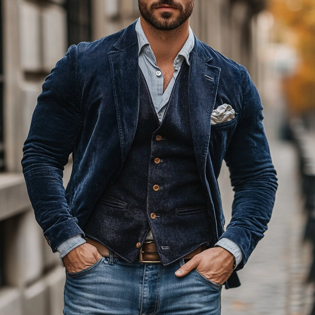 Men's Vintage Corduroy Blazer Mens Gilet Vest Two-Piece Set - Navy Blue