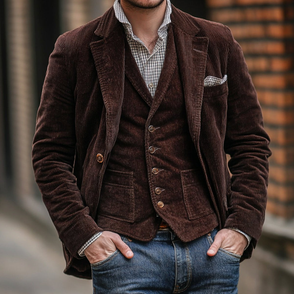 Men's Vintage Corduroy Blazer Mens Gilet Vest Two-Piece Set - Brown