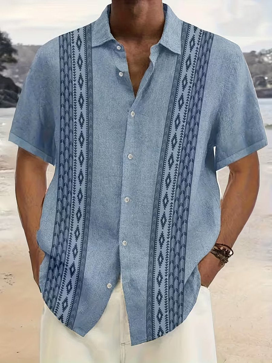 Men's Vintage Geometric Print Short-Sleeve Button-Down Shirt - Blue