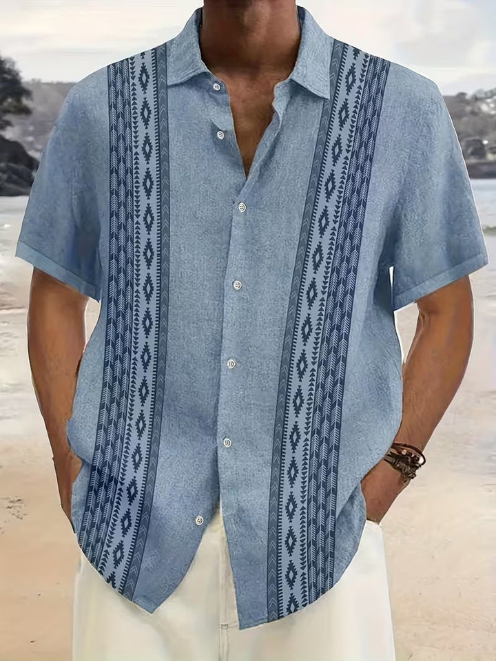 Men's Vintage Geometric Print Short-Sleeve Button-Down Shirt - Blue