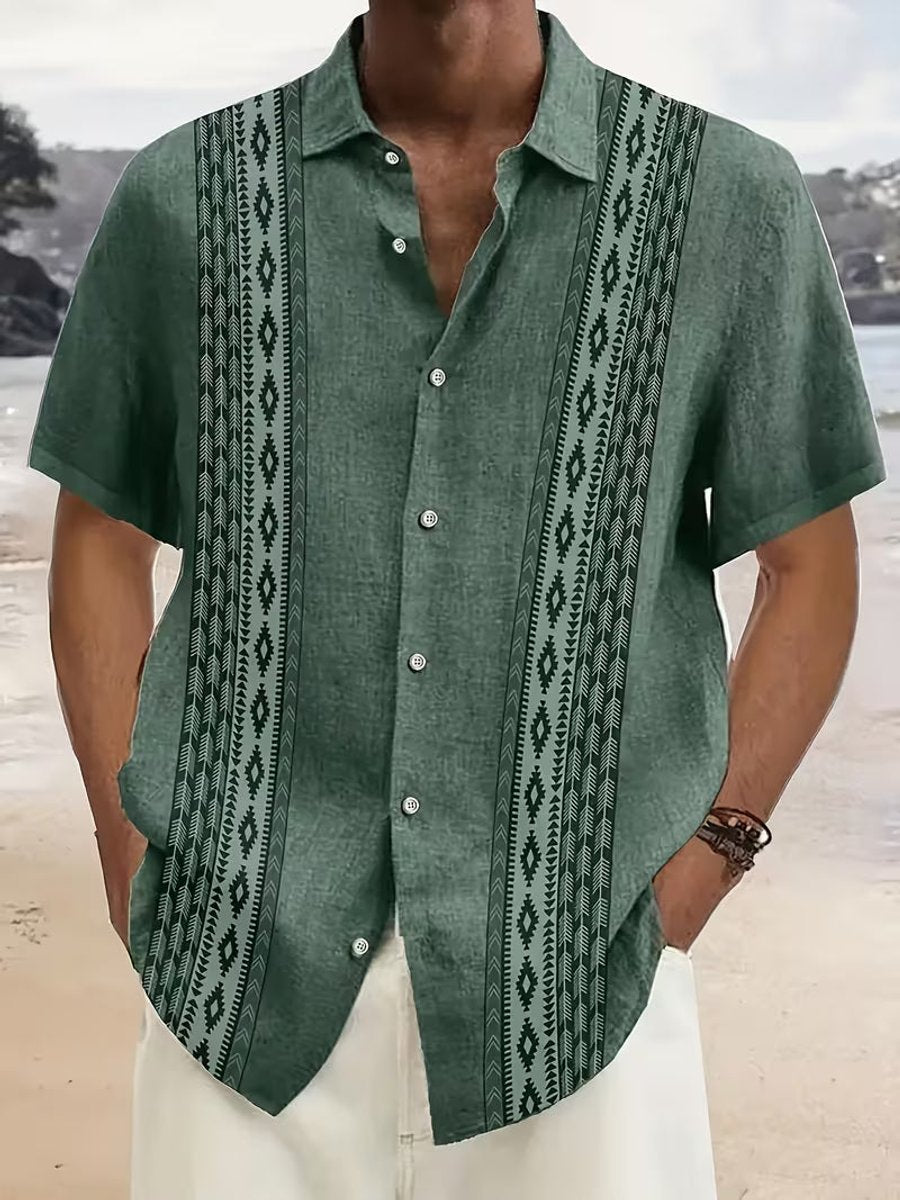 Men's Vintage Geometric Print Short-Sleeve Button-Down Shirt - Green