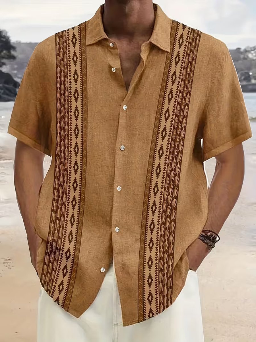 Men's Vintage Geometric Print Short-Sleeve Button-Down Shirt - Brown