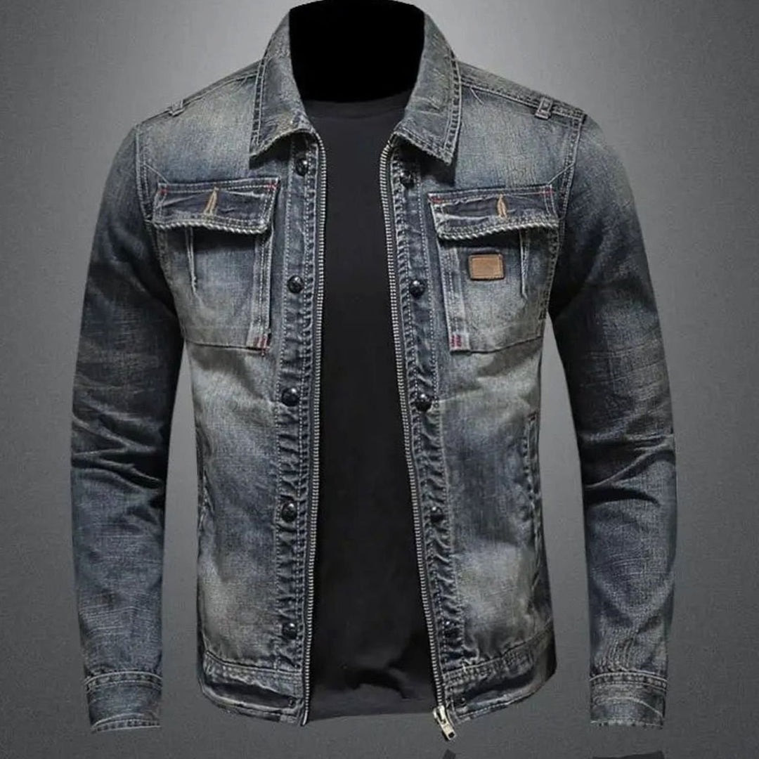 Men's Vintage-Wash Dual-Closure Denim Trucker Jacket - Denim Blue