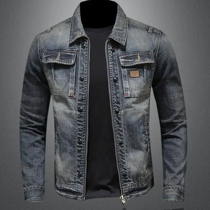 Men's Vintage-Wash Dual-Closure Denim Trucker Jacket - Denim Blue