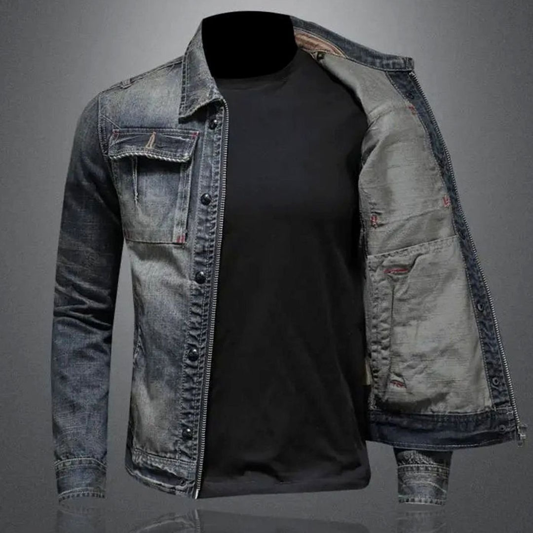 Men's Vintage-Wash Dual-Closure Denim Trucker Jacket