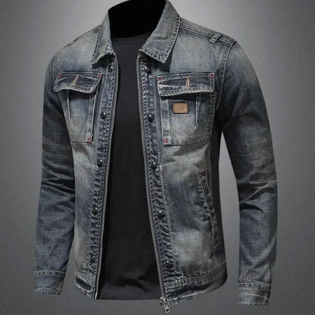 Men's Vintage-Wash Dual-Closure Denim Trucker Jacket