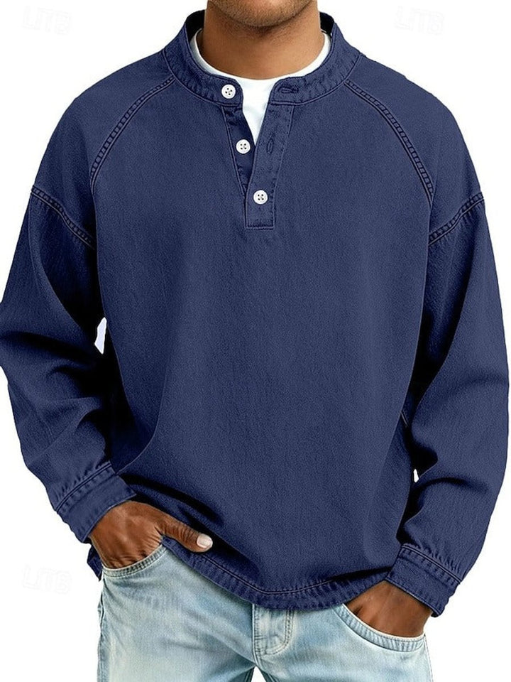 Men's Vintage Washed Henley Long-Sleeve Pullover Sweatshirt - Royal Blue