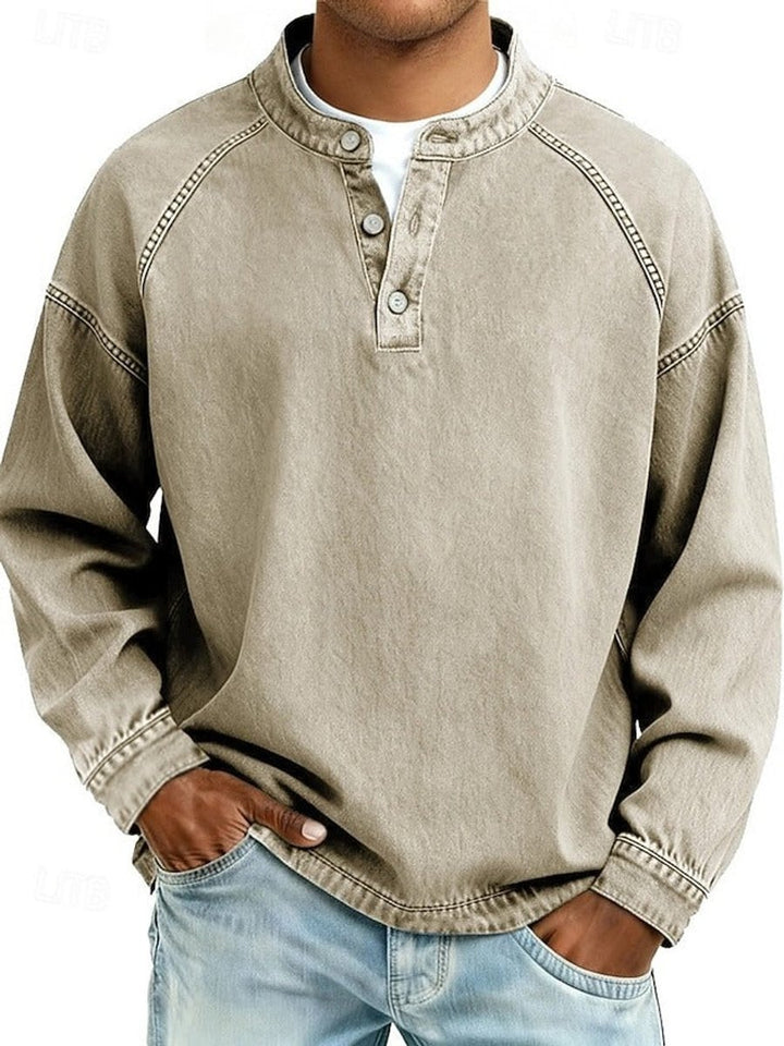 Men's Vintage Washed Henley Long-Sleeve Pullover Sweatshirt - Khaki