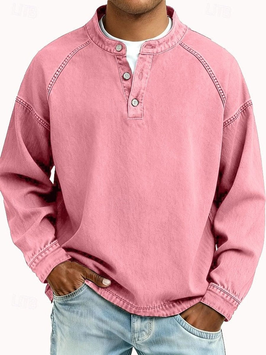 Men's Vintage Washed Henley Long-Sleeve Pullover Sweatshirt - Pink