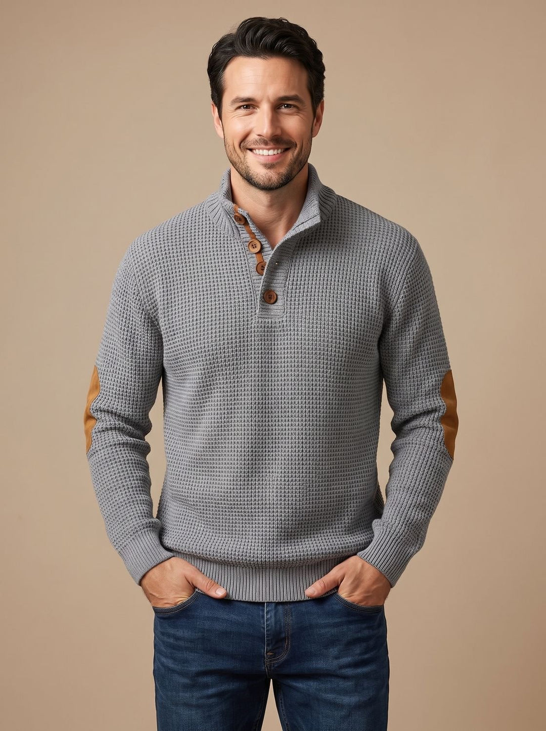 Men's Waffle-Knit Button-Collar Long-Sleeve Pullover Sweater - Gray