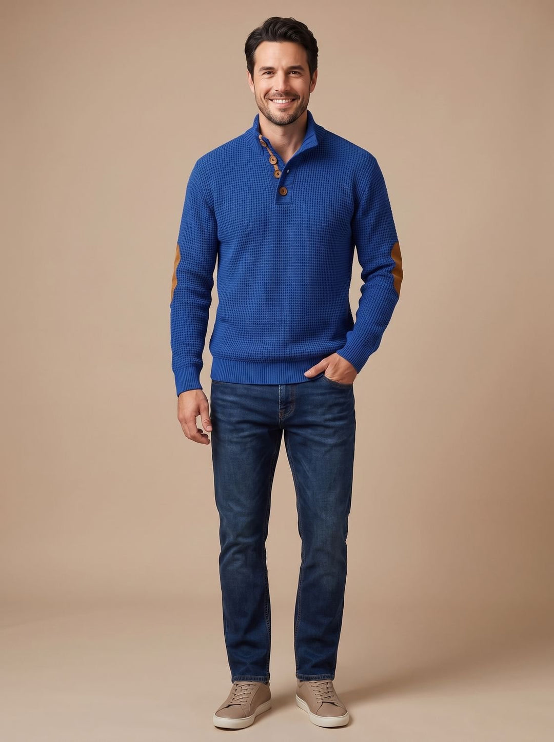 Men's Waffle-Knit Button-Collar Long-Sleeve Pullover Sweater - Royal Blue