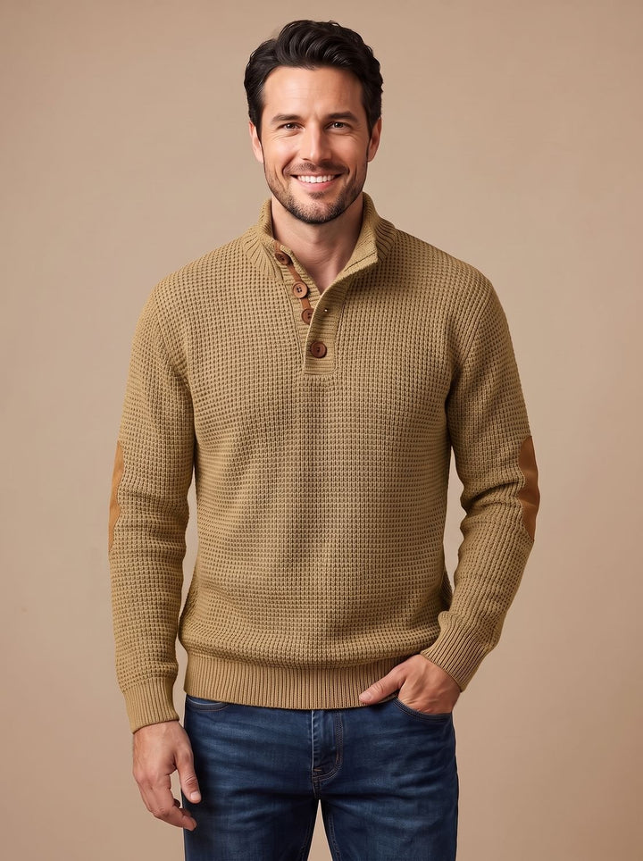 Men's Waffle-Knit Button-Collar Long-Sleeve Pullover Sweater - Khaki