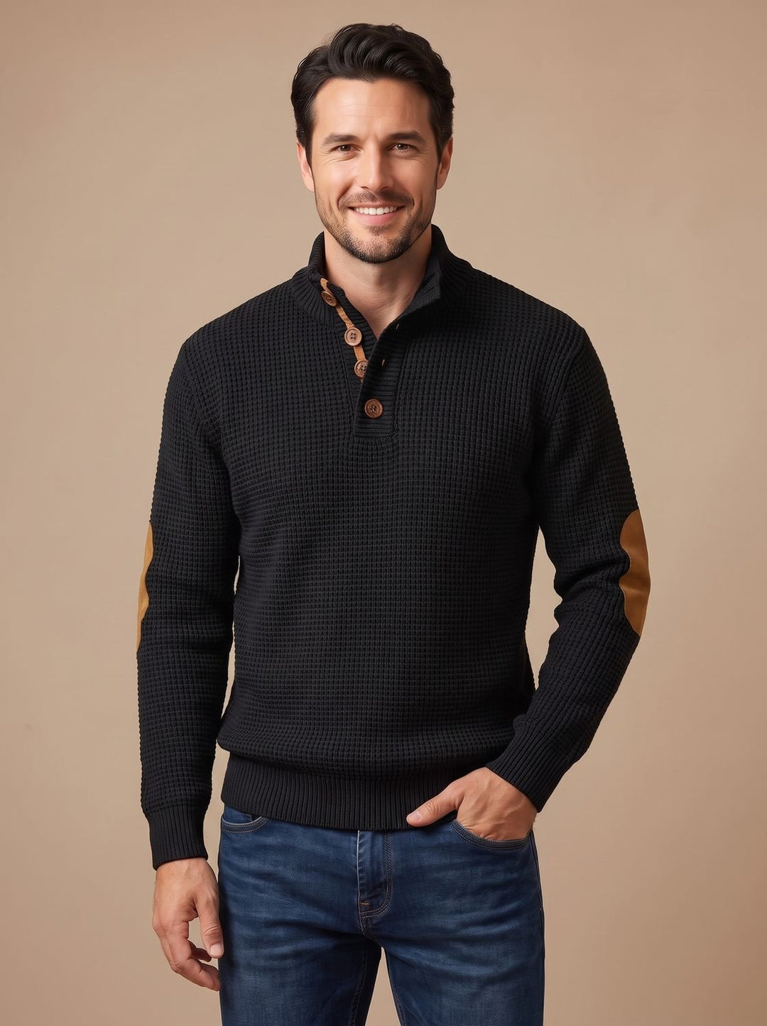 Men's Waffle-Knit Button-Collar Long-Sleeve Pullover Sweater - Black