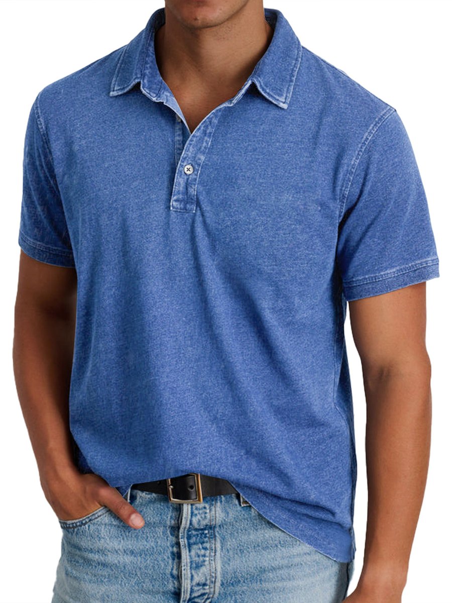 Men's Washed Cotton Short-Sleeve Polo Shirt - Blue