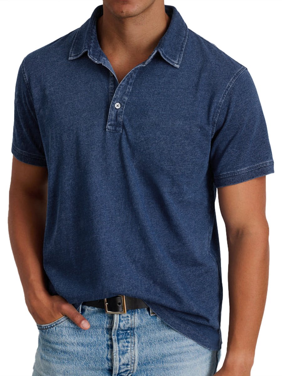 Men's Washed Cotton Short-Sleeve Polo Shirt - Navy Blue