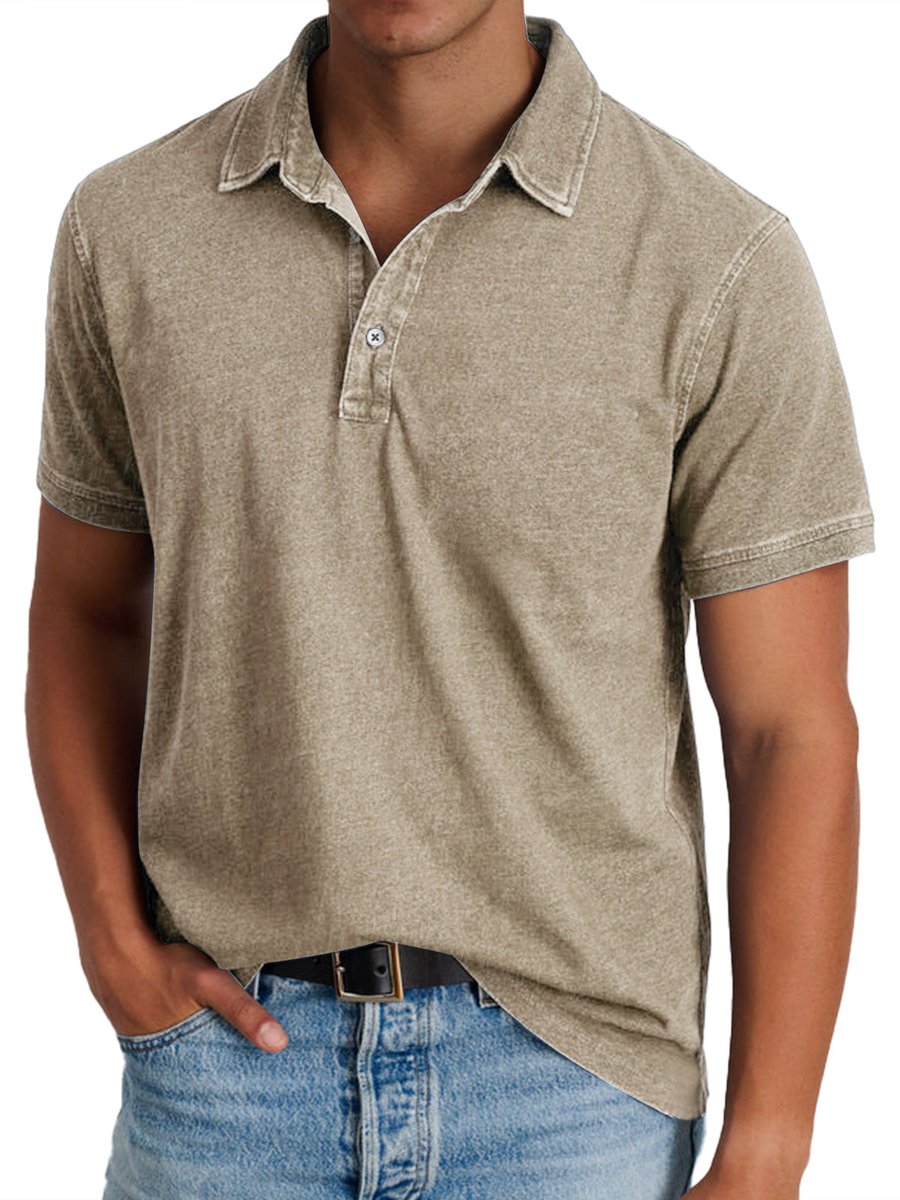 Men's Washed Cotton Short-Sleeve Polo Shirt - Khaki