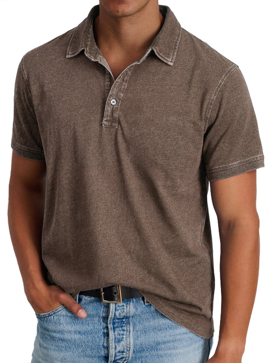 Men's Washed Cotton Short-Sleeve Polo Shirt - Brown