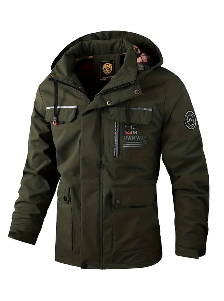 Men's Waterproof Hooded Insulated Winter Jacket Multi-Pocket - Dark Green
