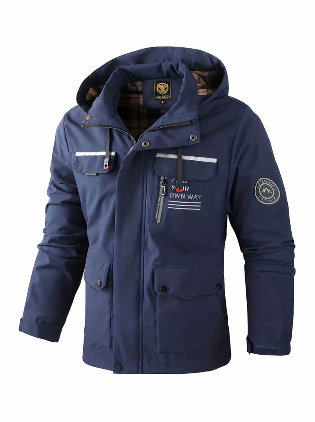 Men's Waterproof Hooded Insulated Winter Jacket Multi-Pocket - Navy Blue