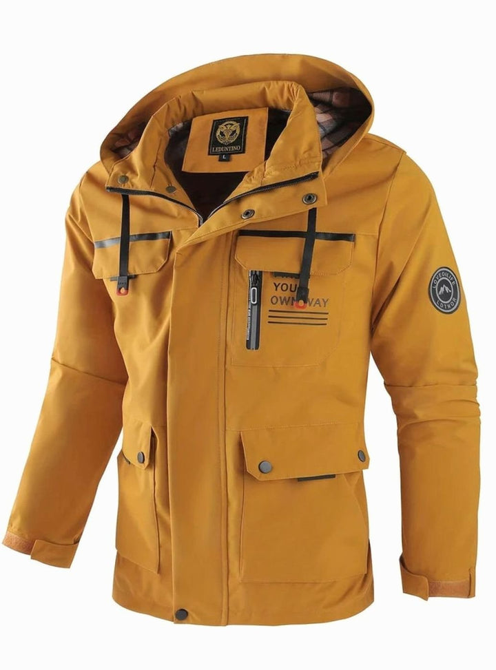 Men's Waterproof Hooded Insulated Winter Jacket Multi-Pocket - Yellow