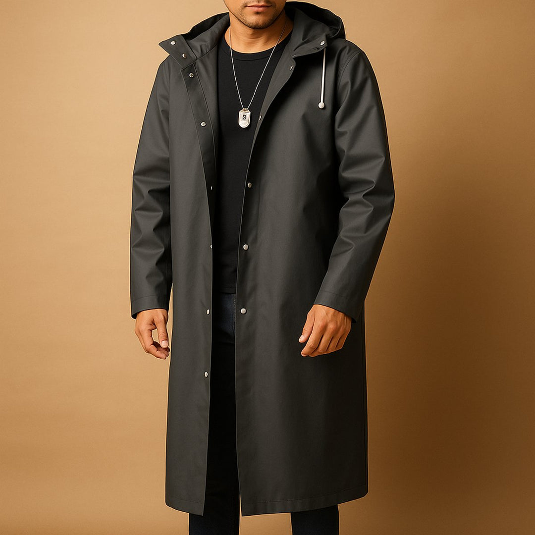 Men's Waterproof Hooded Long Rain Jacket EVA Casual Fit - Black