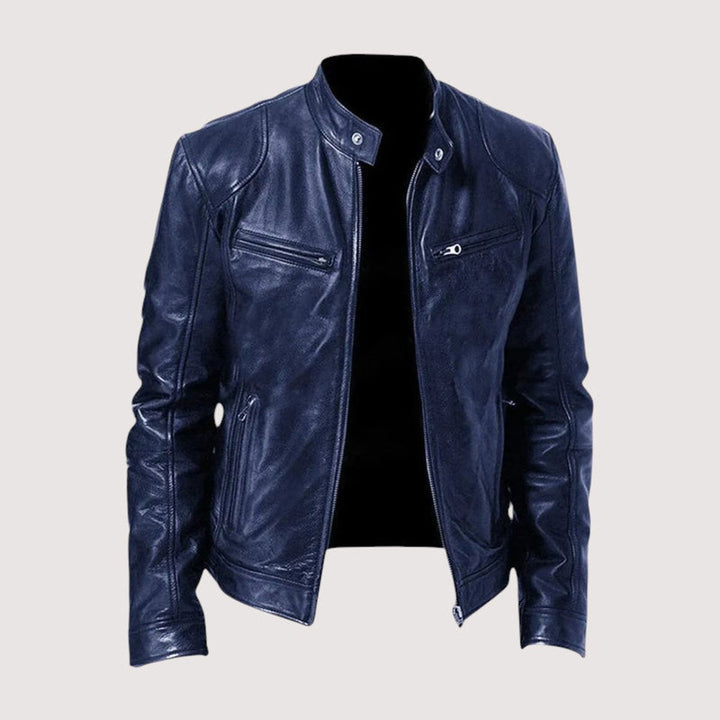 Men's Winter Coat Genuine Leather Moto Biker Jacket - Dark Blue