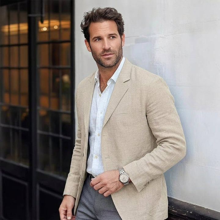 Mens Winter Coat Linen-Blend Unstructured Relaxed Blazer - Cream