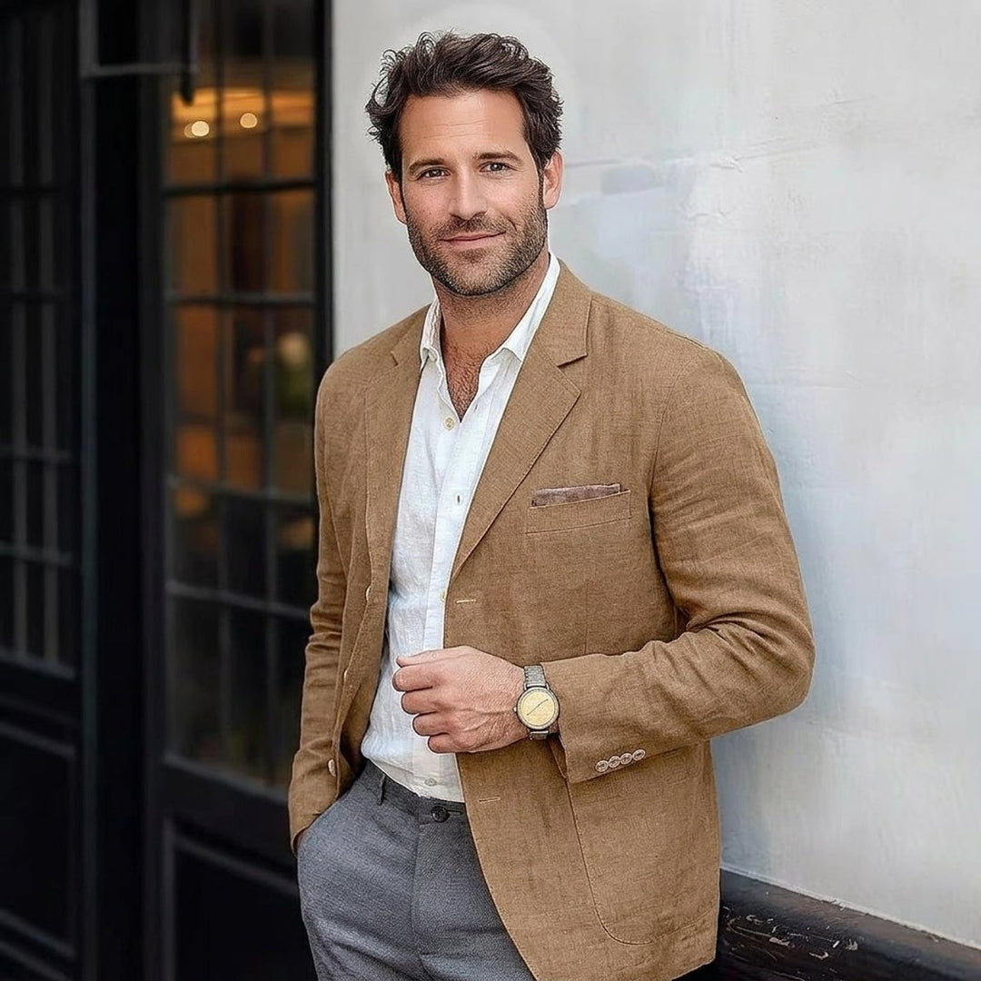 Mens Winter Coat Linen-Blend Unstructured Relaxed Blazer - Brown
