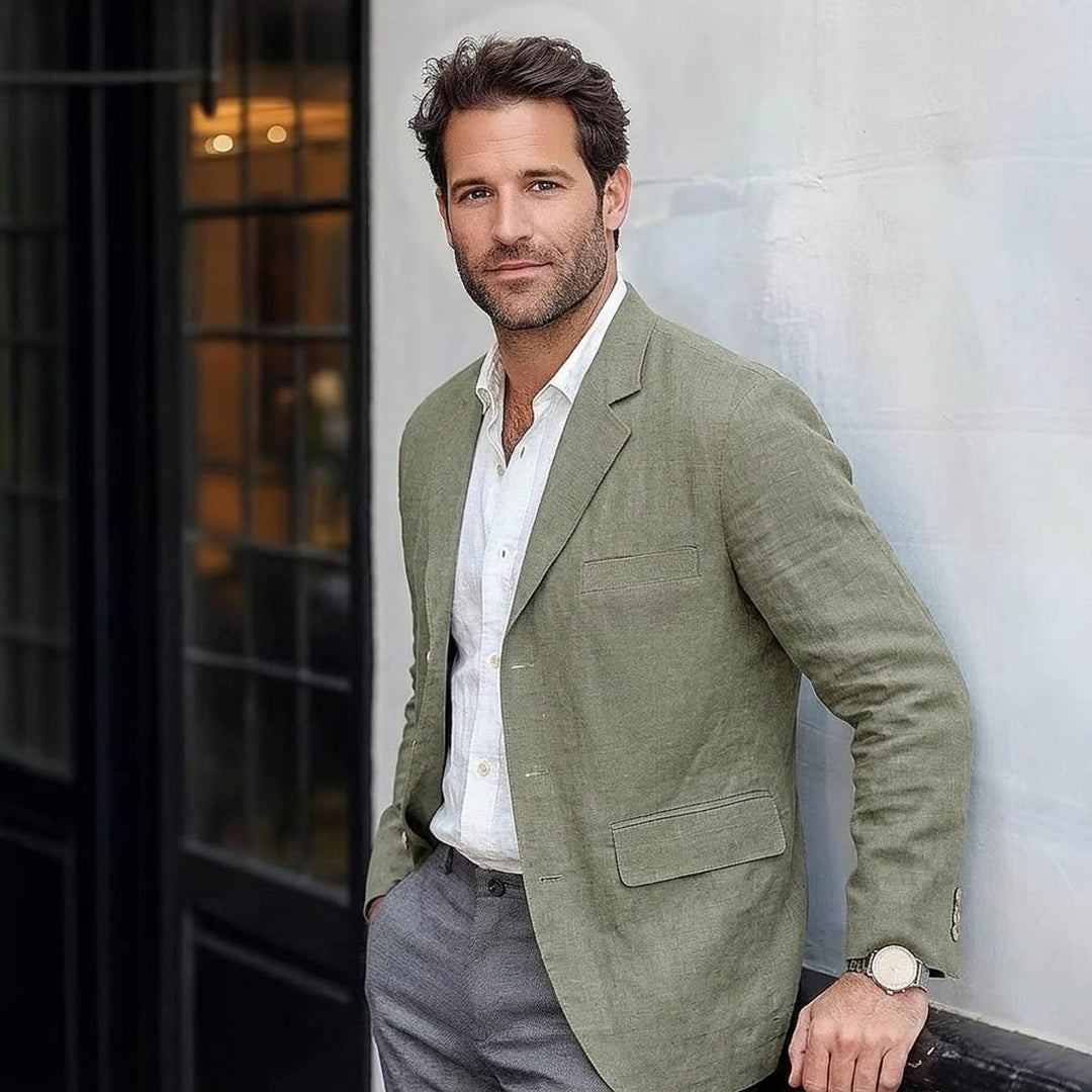 Mens Winter Coat Linen-Blend Unstructured Relaxed Blazer - Green