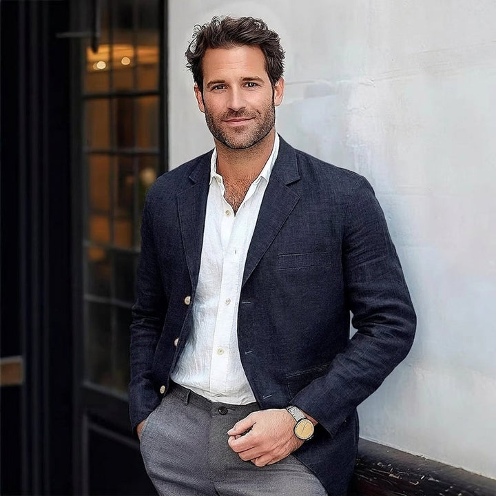 Mens Winter Coat Linen-Blend Unstructured Relaxed Blazer - Navy