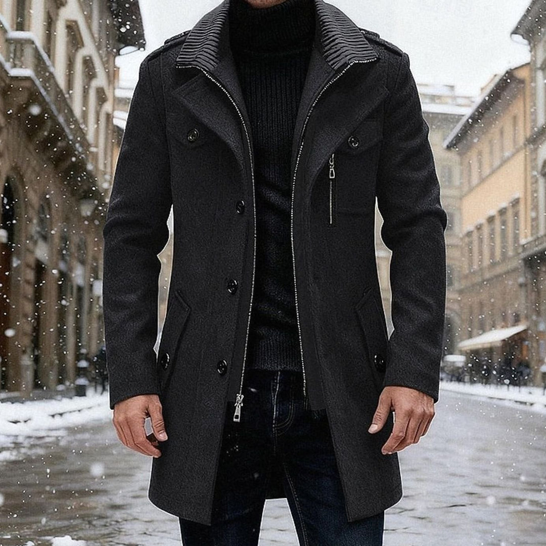 Men's Wool Coat Double-Breasted Tailored Overcoat - Black