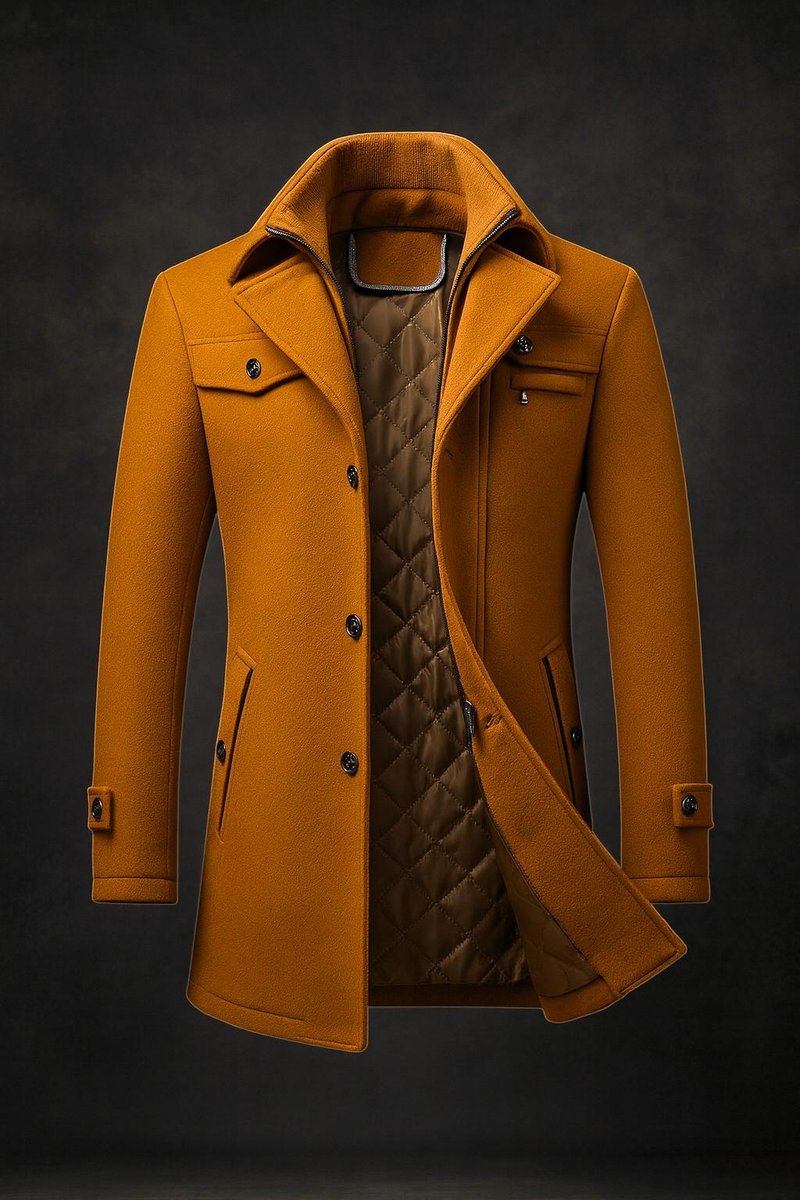 Men's Wool Coat Double-Collar Quilted-Lining Overcoat - Brown