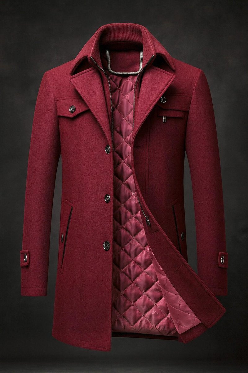 Men's Wool Coat Double-Collar Quilted-Lining Overcoat - Burgundy