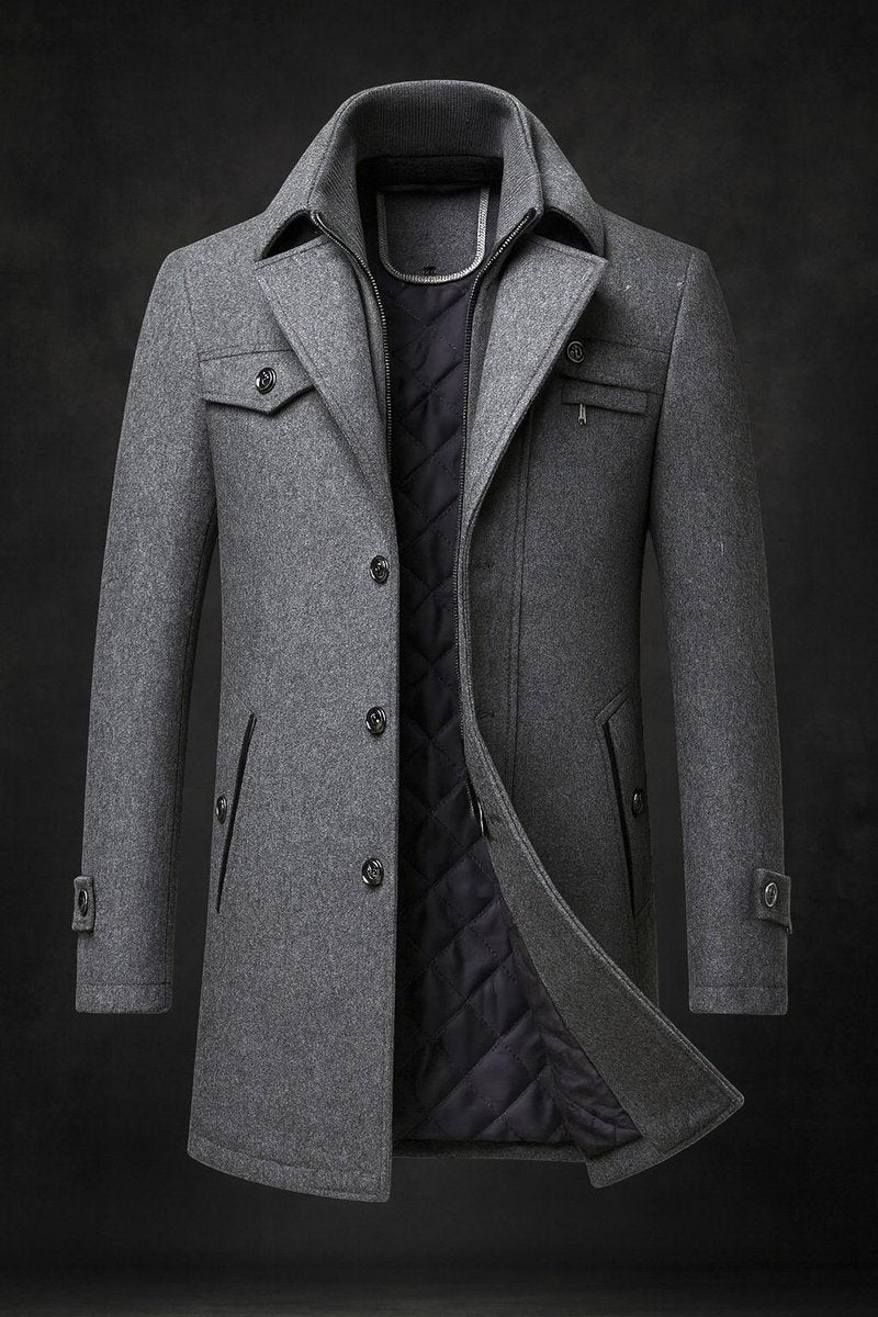 Men's Wool Coat Double-Collar Quilted-Lining Overcoat - Gray