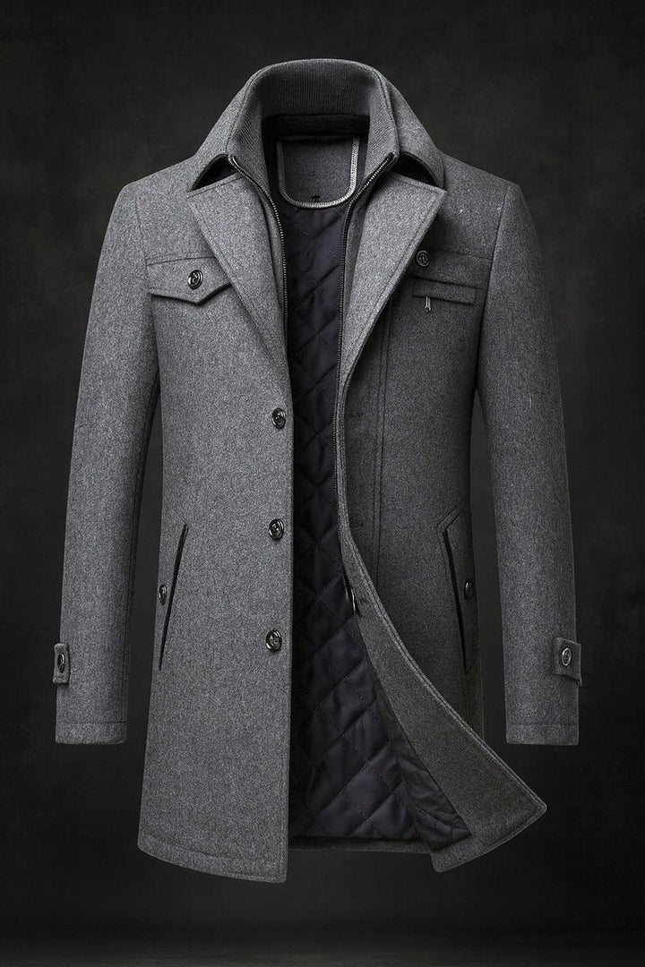 Men's Wool Coat Double-Collar Quilted-Lining Overcoat - Gray