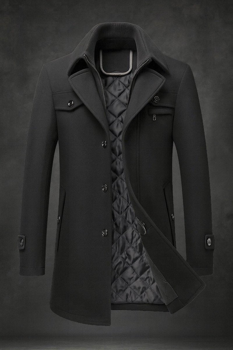 Men's Wool Coat Double-Collar Quilted-Lining Overcoat - Black