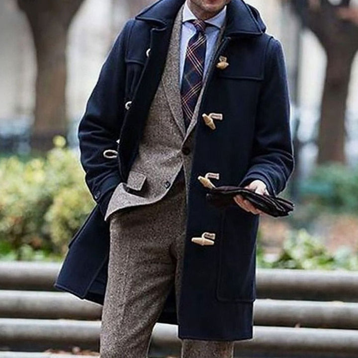 Men's Wool Hooded Toggle-Closure Long Overcoat - Dark Blue