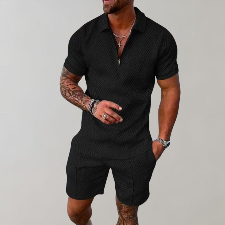 Men's Zip Polo Matching Shorts Set Textured Casual Summer - Black