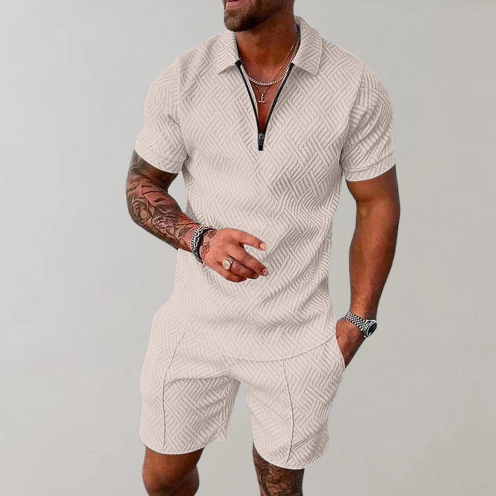 Men's Zip Polo Matching Shorts Set Textured Casual Summer - Beige