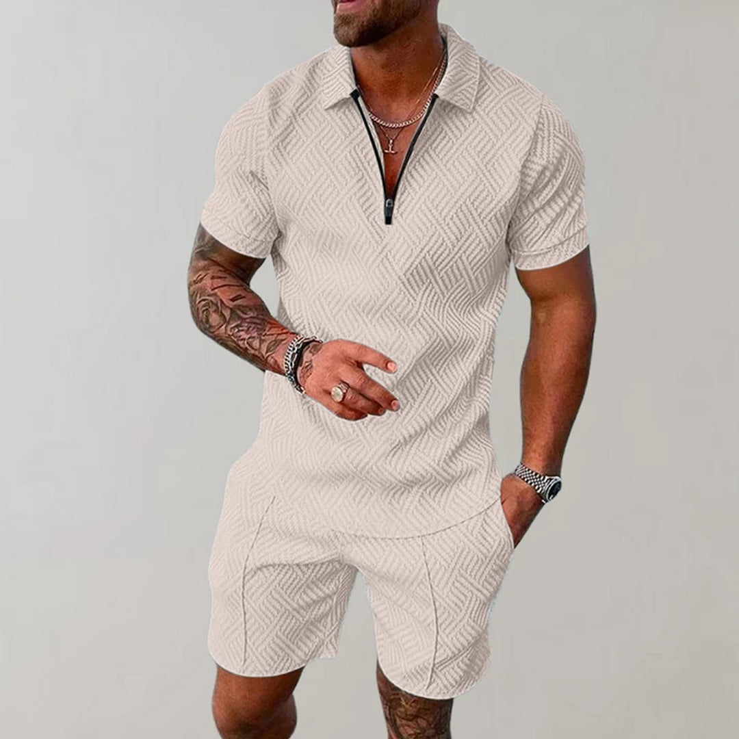 Men's Zip Polo Matching Shorts Set Textured Casual Summer - Beige