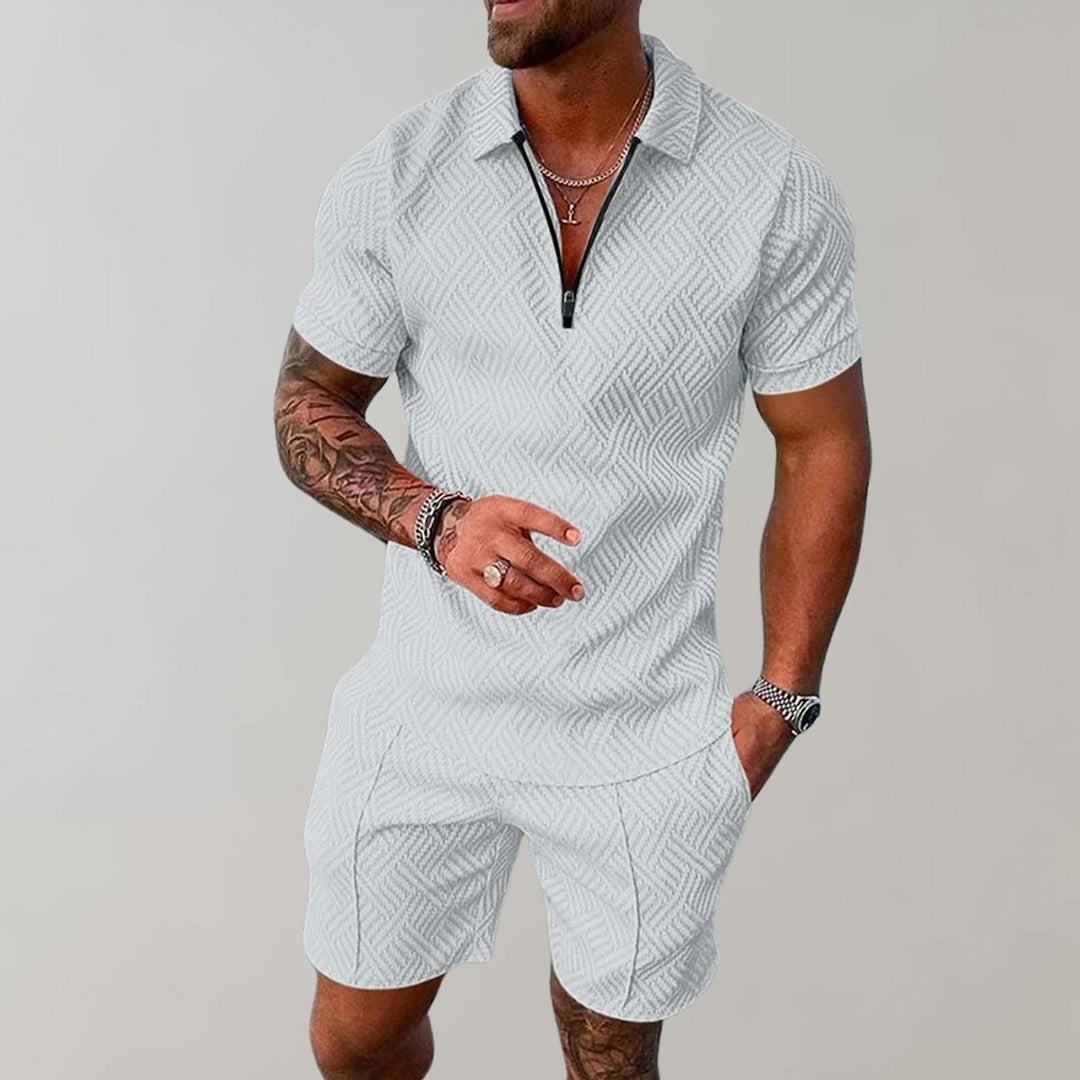Men's Zip Polo Matching Shorts Set Textured Casual Summer - White