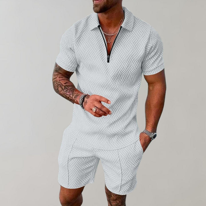 Men's Zip Polo Matching Shorts Set Textured Casual Summer - White