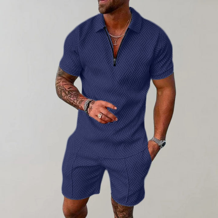 Men's Zip Polo Matching Shorts Set Textured Casual Summer - Marine Blue