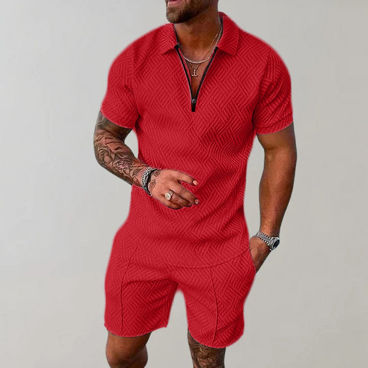 Men's Zip Polo Matching Shorts Set Textured Casual Summer - Red