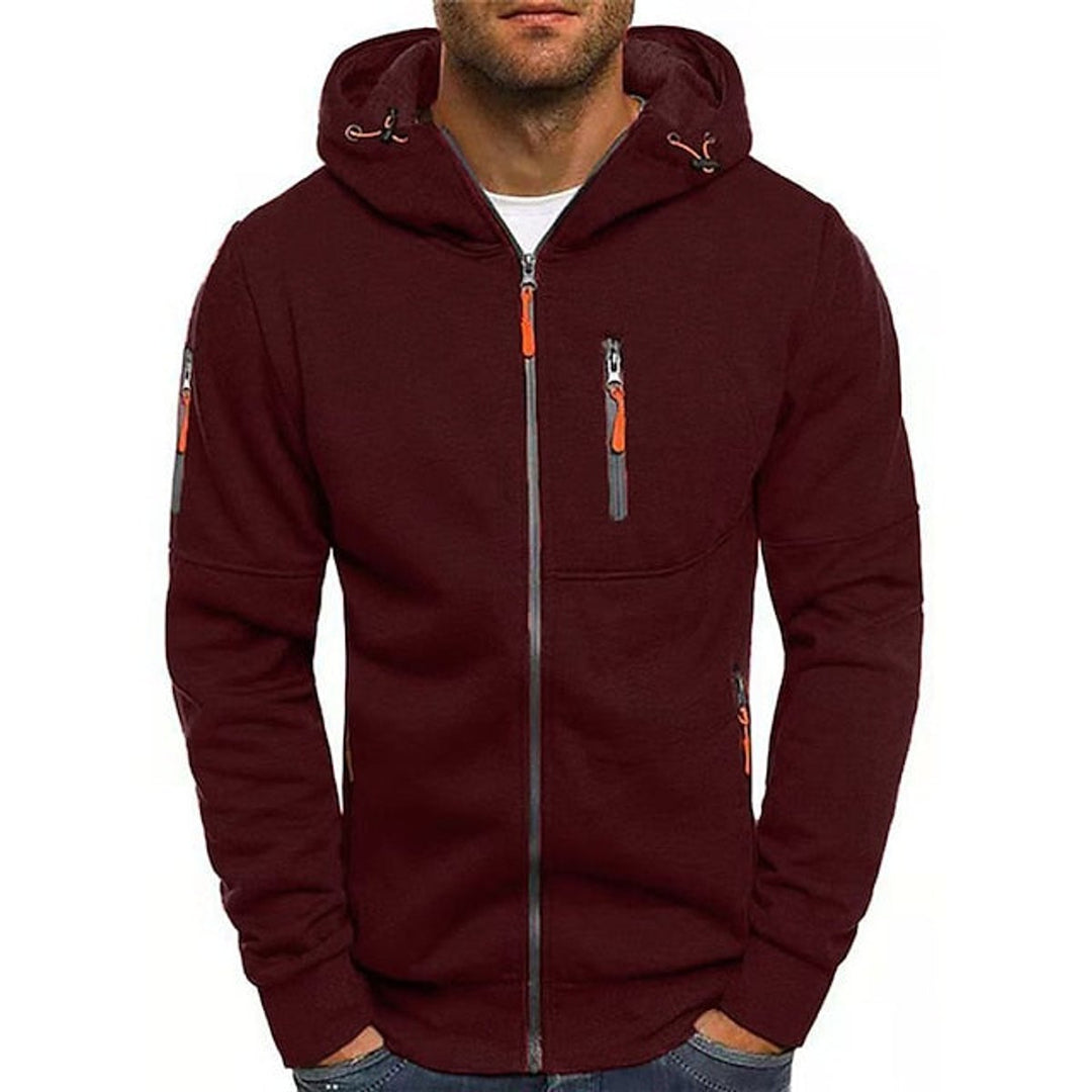 Men's Zip-Up Hooded Knit Sweater Drawstring Pullover - Wine Red
