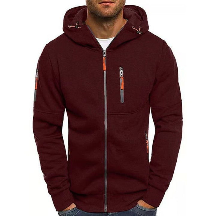 Men's Zip-Up Hooded Knit Sweater Drawstring Pullover - Wine Red