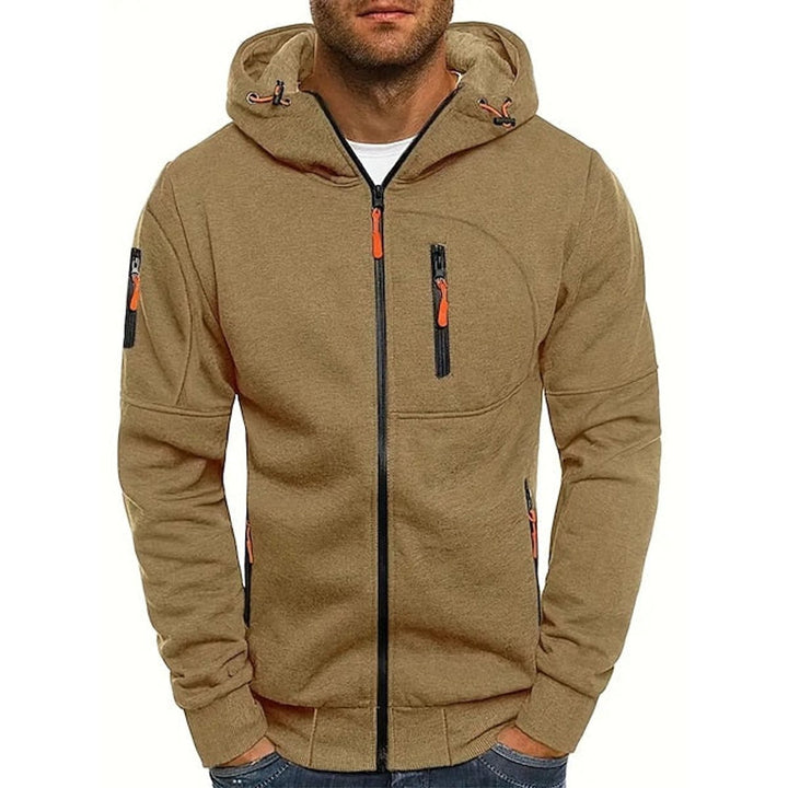 Men's Zip-Up Hooded Knit Sweater Drawstring Pullover - Khaki