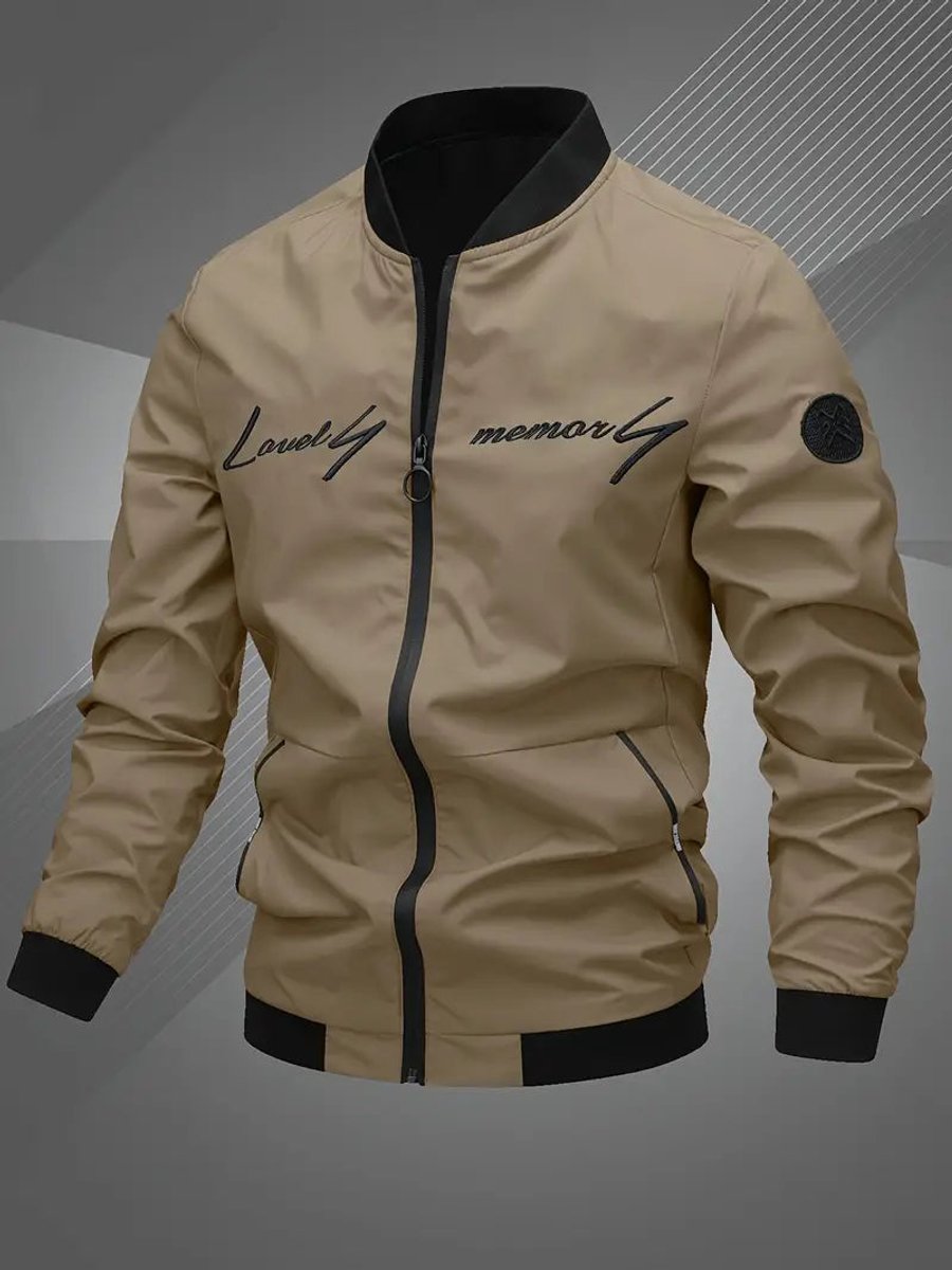 Men's Zip-Up Polyester Bomber Jacket Baseball Collar - Khaki